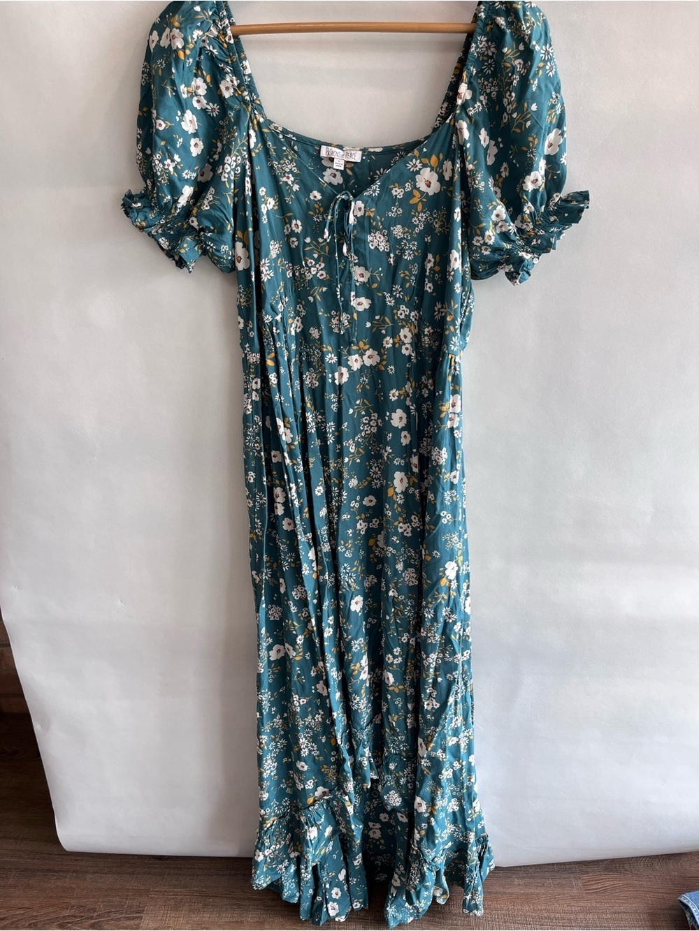 Patrons of Peace Sea Green Adrian Floral Puff Sleeve Ruffle Dress